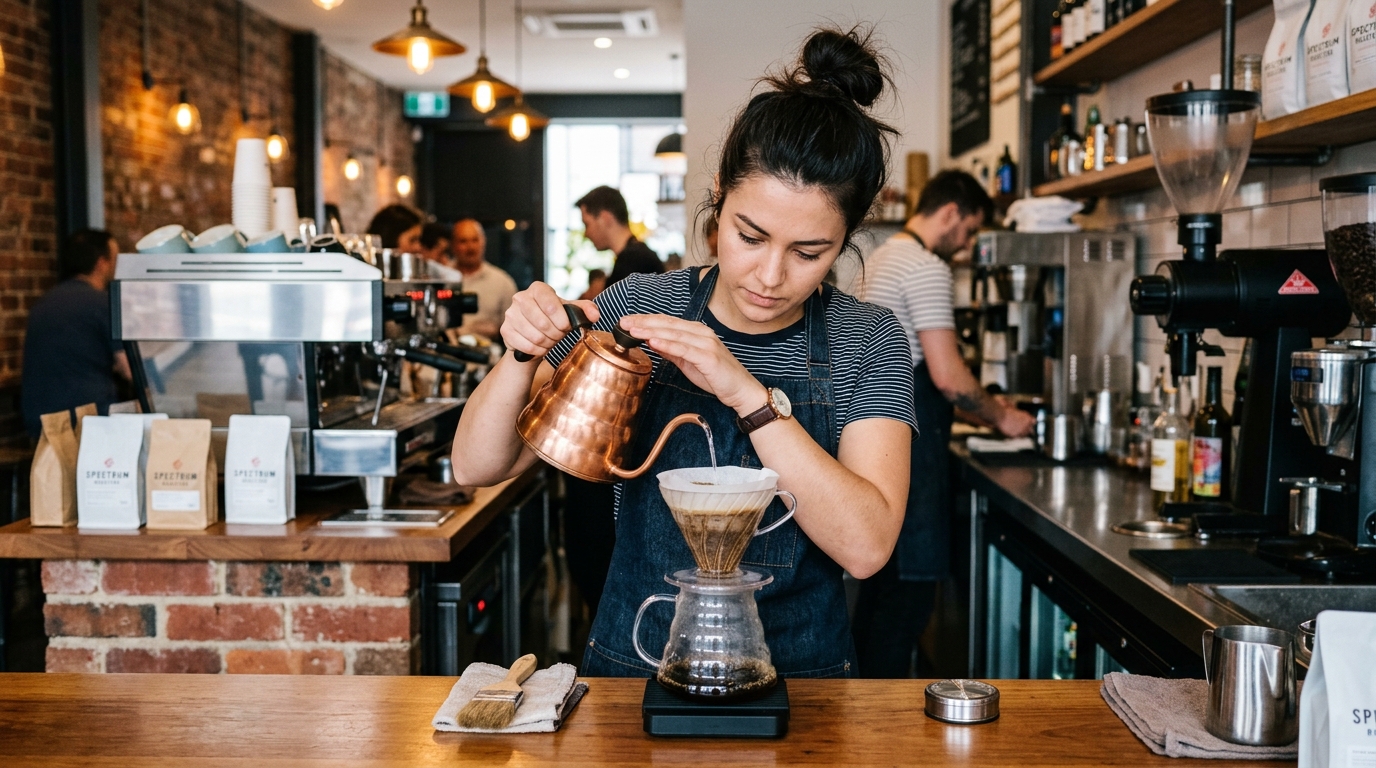 A barista expertly brewing a pour-over coffee at a specialty El Monte cafe