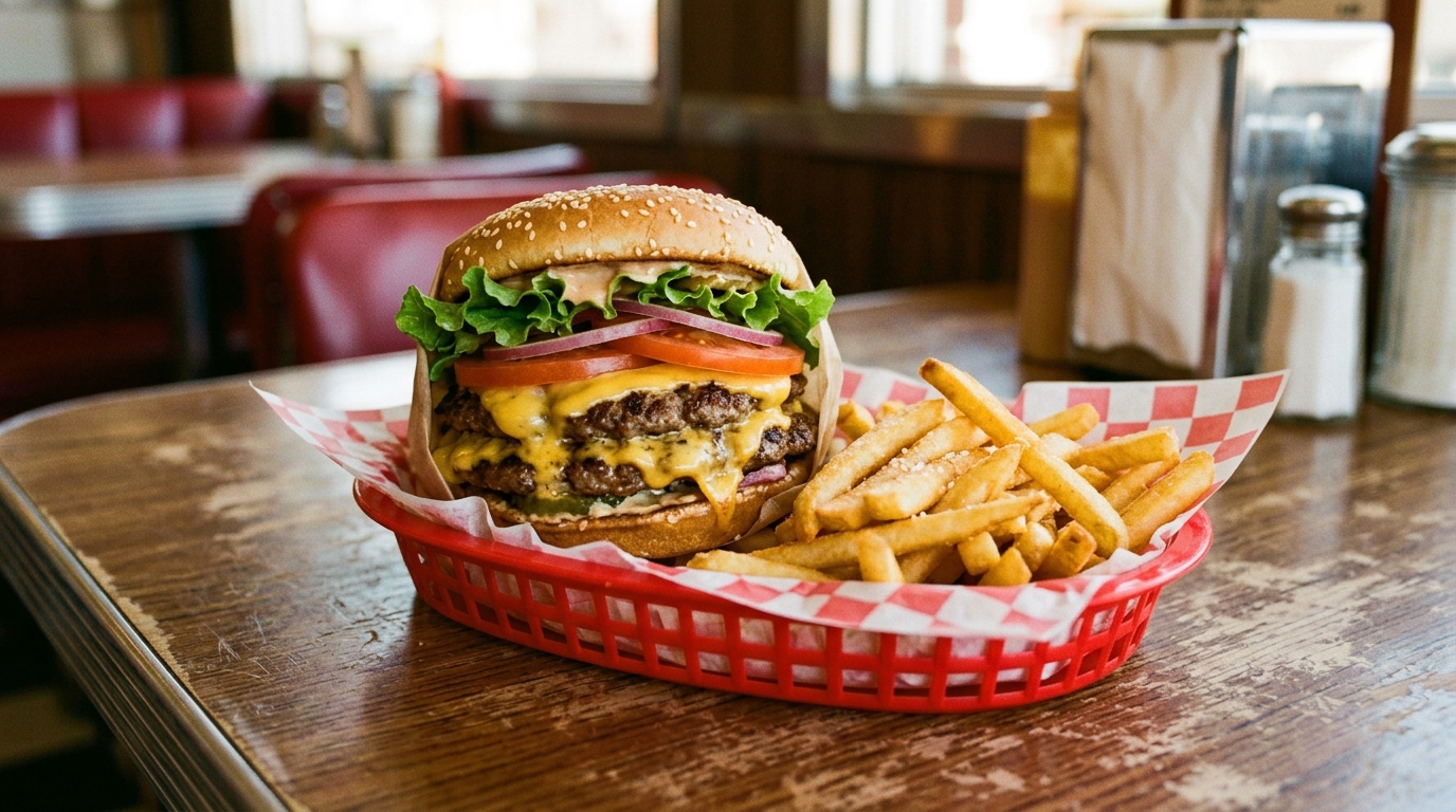 A classic double cheeseburger and fries from an independent El Monte burger stand