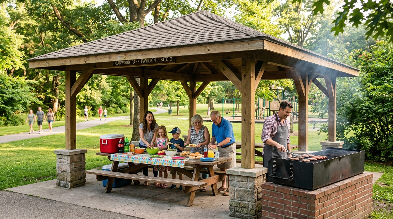 A covered picnic pavilion with barbecue facilities at Lambert Park