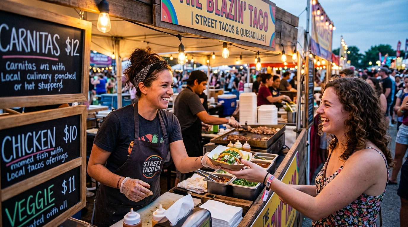 A customer receiving fresh food from a vendor at an El Monte summer concert