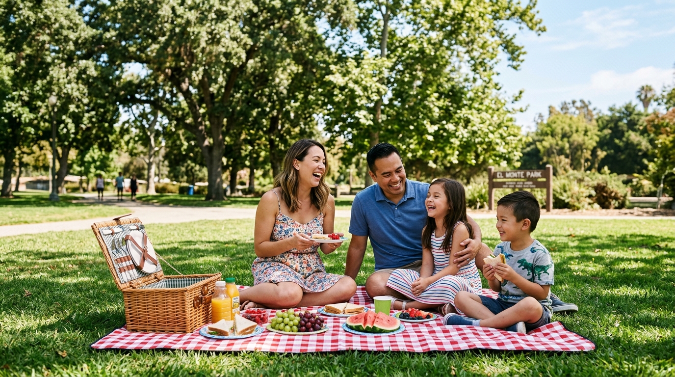 A family enjoying a sunny weekend picnic at a local El Monte park