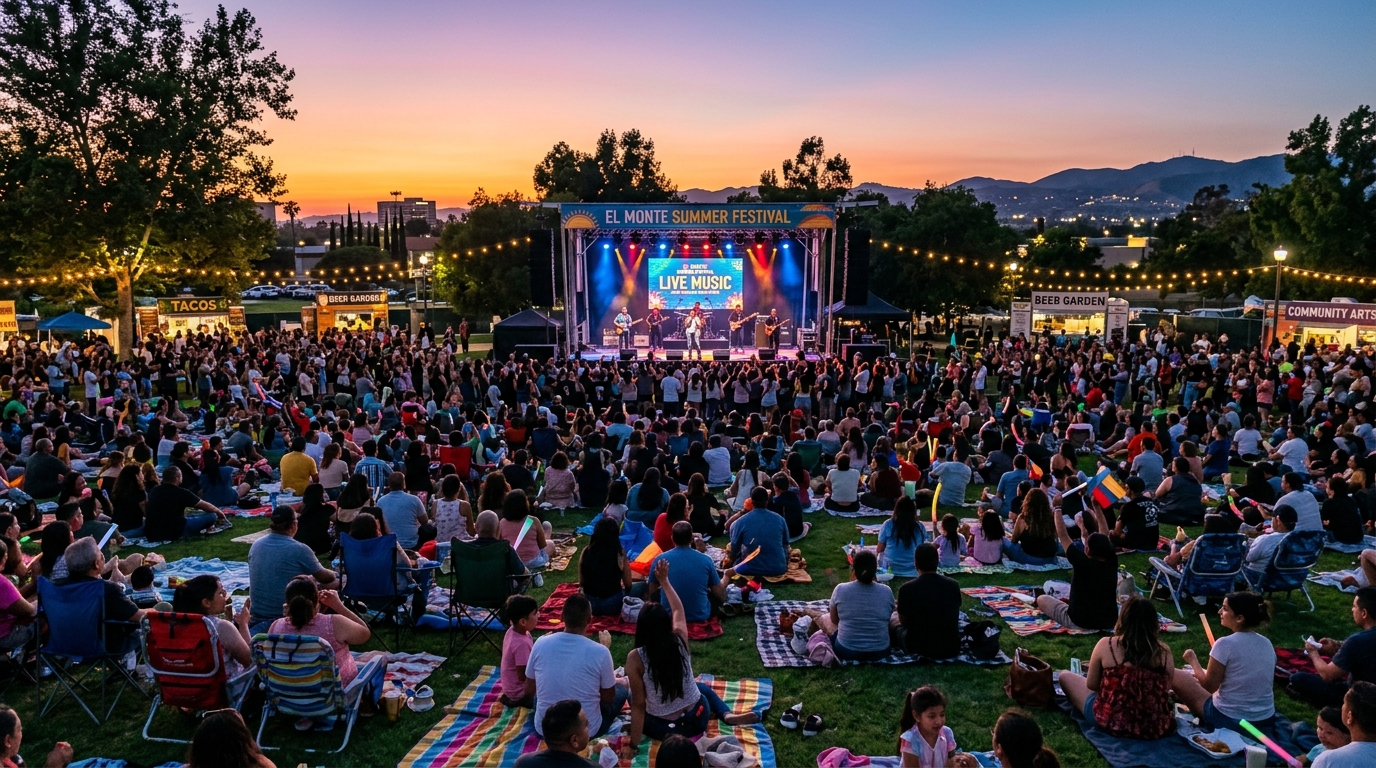 A large crowd enjoying live music at an El Monte summer festival in the park