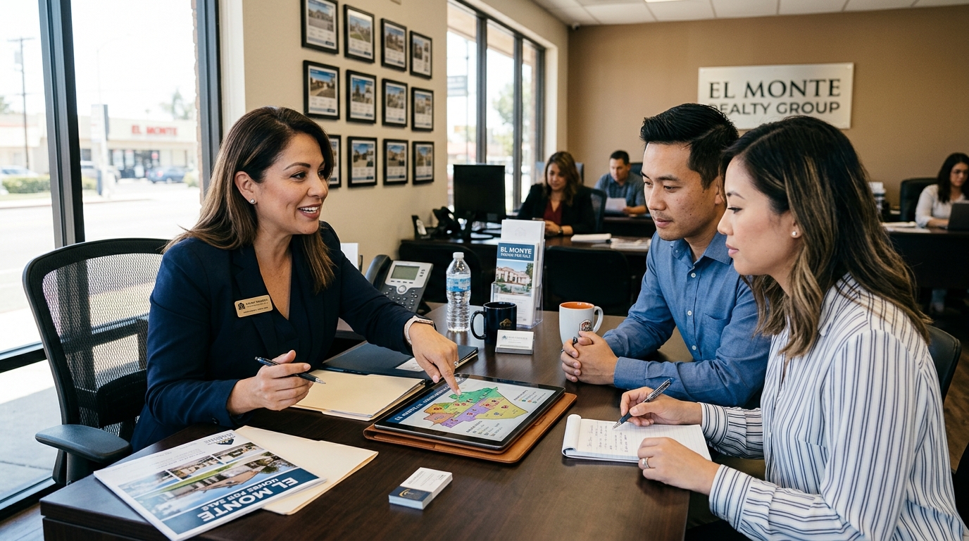 A local real estate agent advising first-time home buyers on El Monte neighborhoods