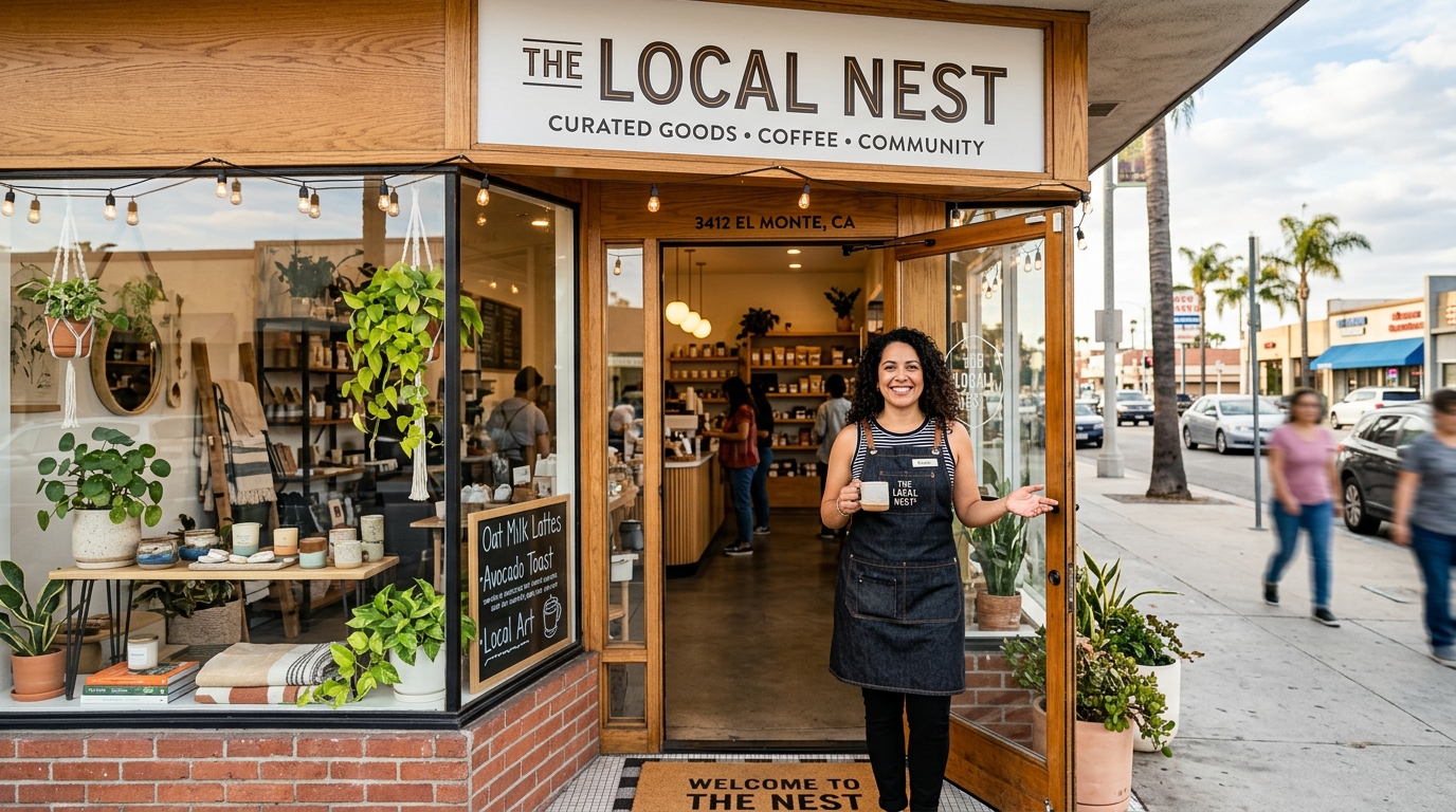 A proud small business owner standing in front of their innovative El Monte storefront