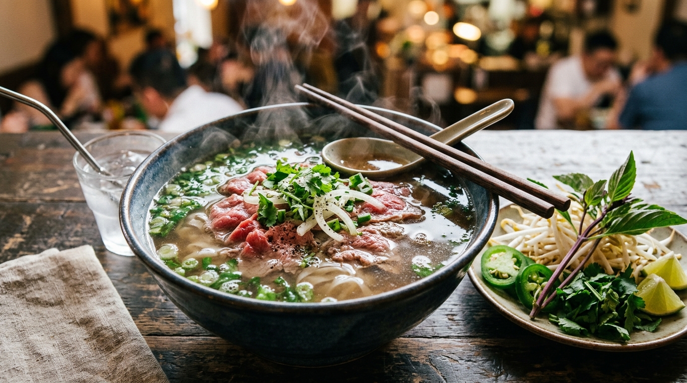 A steaming bowl of authentic Vietnamese Pho at a local El Monte noodle shop