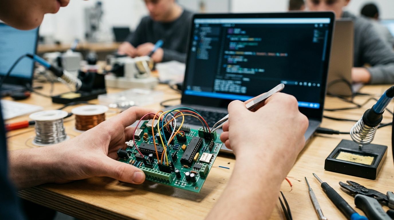 A student working hands-on with robotics and coding equipment