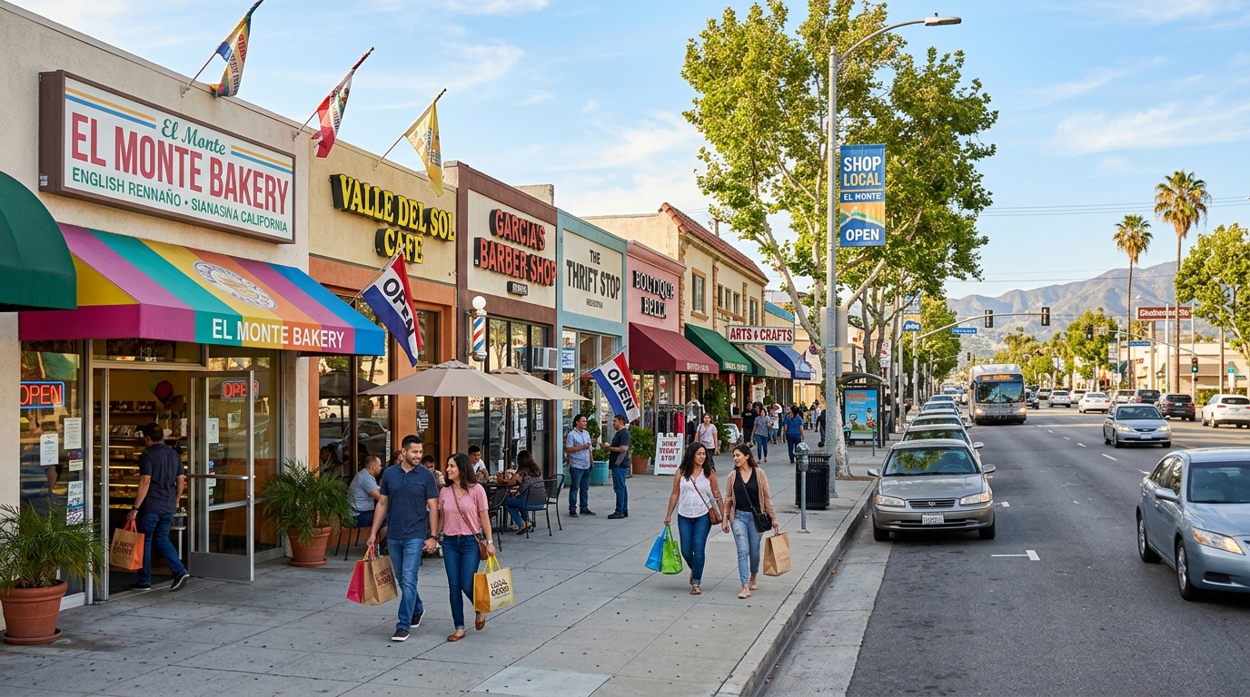 A thriving commercial street in El Monte featuring diverse small businesses
