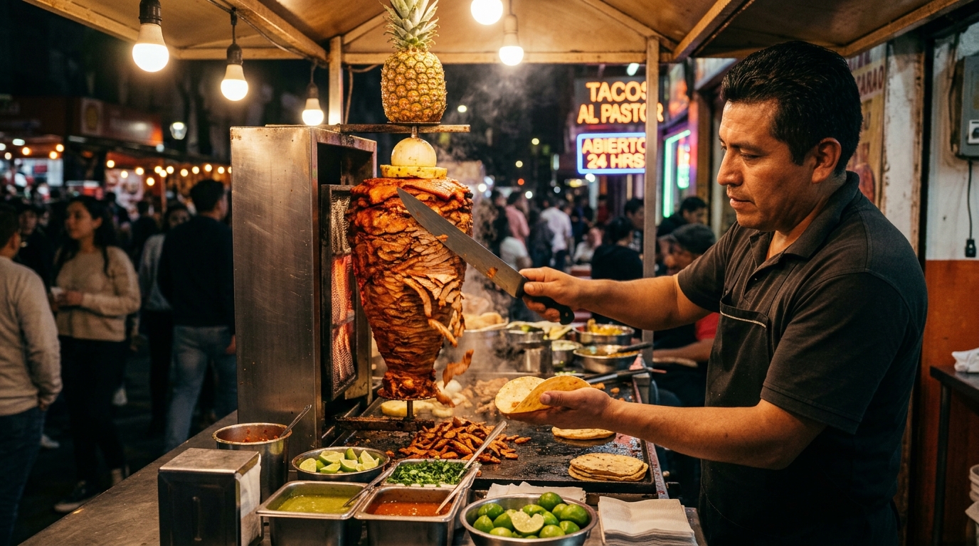 Authentic al pastor street tacos being prepared at a local El Monte food stand