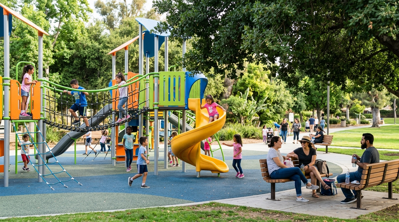 Children playing on modern playground equipment at an El Monte park