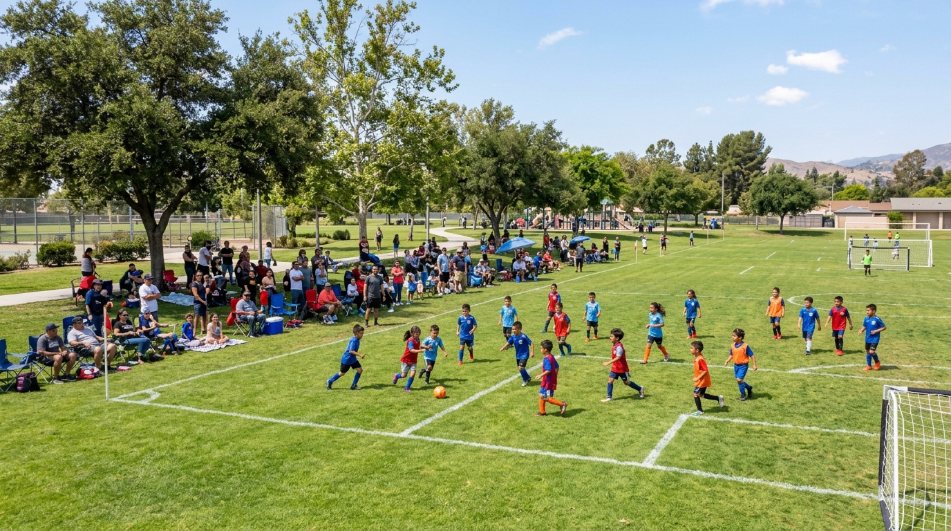 Children playing soccer on the expansive athletic fields at Mountain View Park