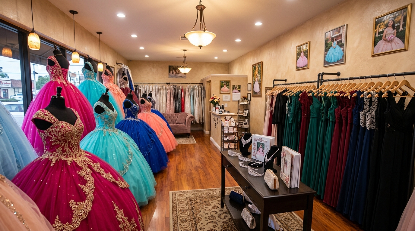 Colorful formal wear and Quinceañera dresses in a Valley Mall boutique