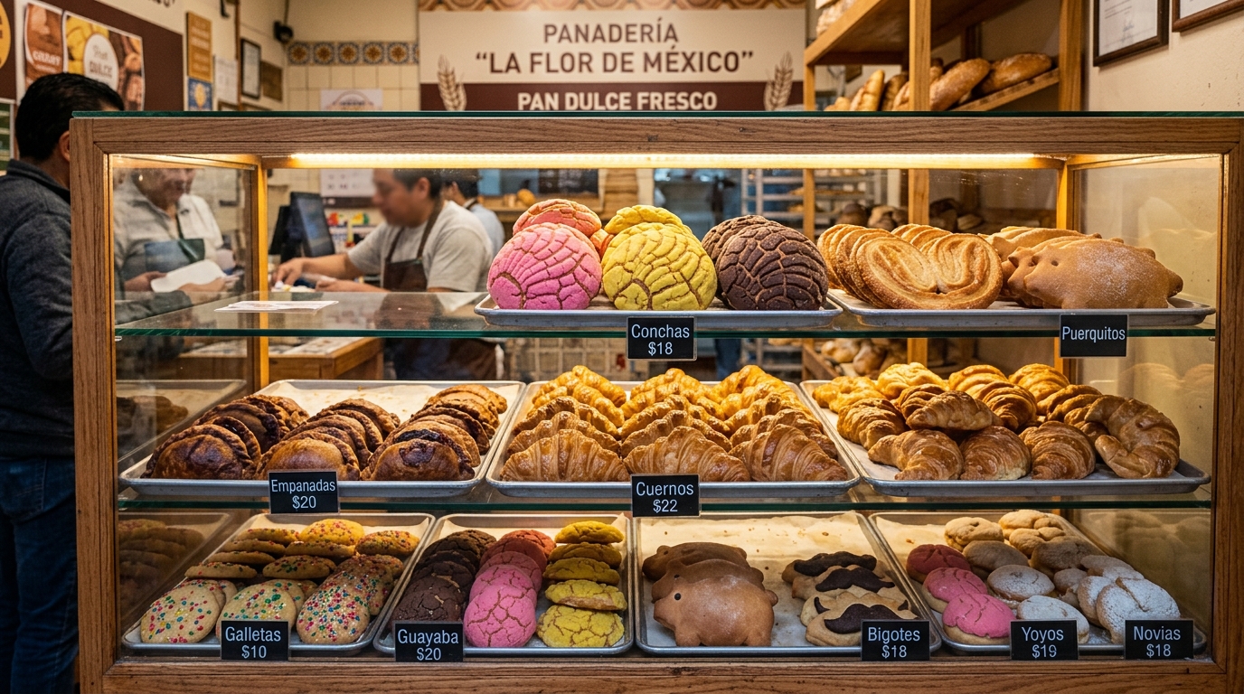 Colorful fresh conchas and sweet breads displayed in a local El Monte panaderia