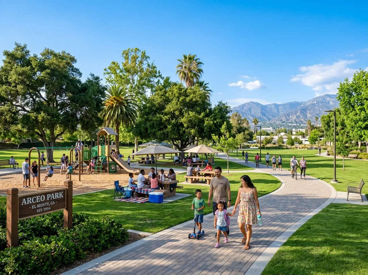 Community park in El Monte with green spaces, walking paths, and recreational areas