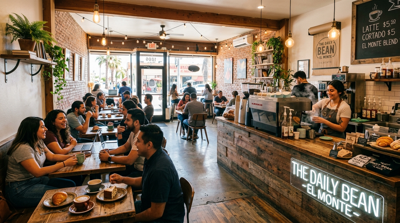 Customers enjoying a vibrant, locally-owned artisanal cafe in El Monte