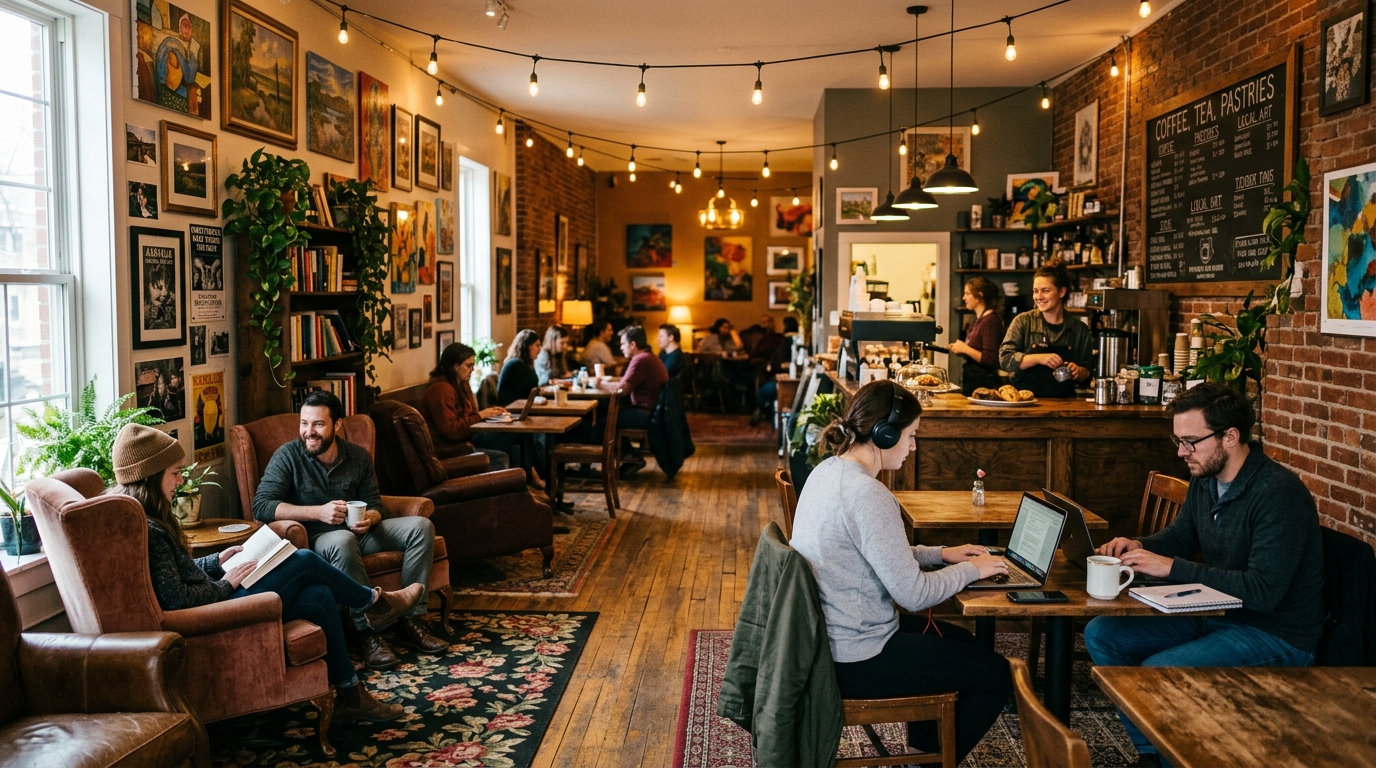 Customers relaxing and working inside a cozy, community-focused El Monte cafe