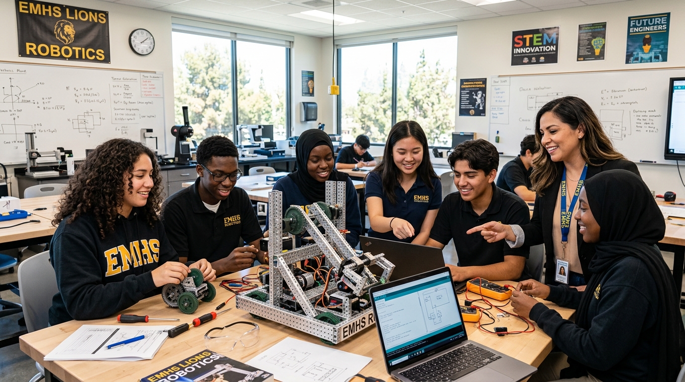 Diverse El Monte students collaborating on a STEM project in a modern classroom
