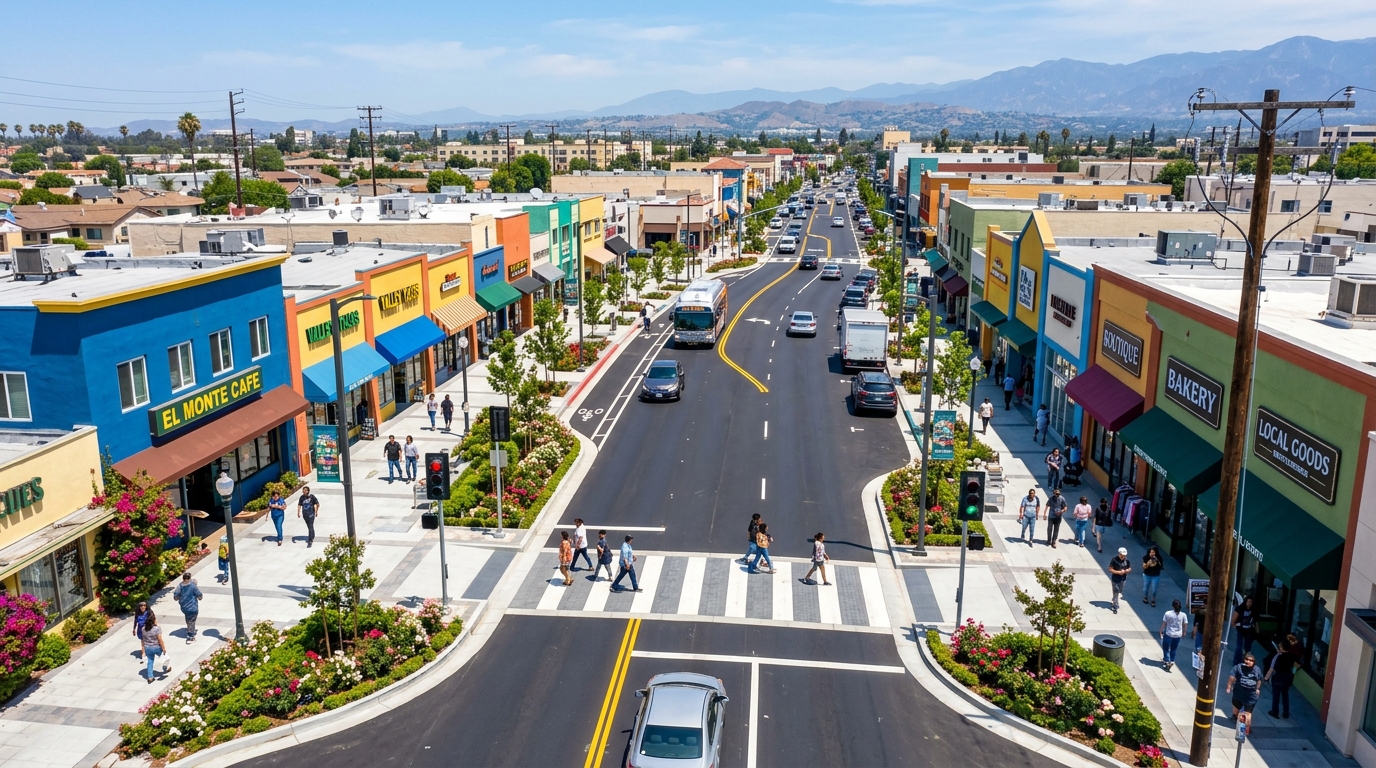 Downtown El Monte street with renovated infrastructure and modern amenities