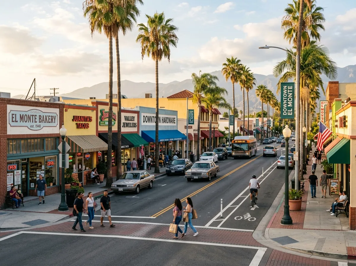 Downtown El Monte with local shops, businesses, and palm-lined streets