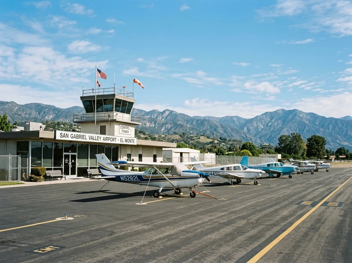 El Monte Airport with small aircraft and terminal building