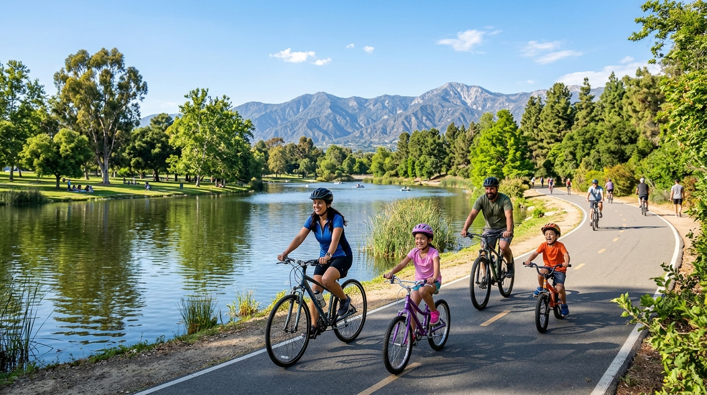 Families enjoying a sunny weekend bike ride at Whittier Narrows near El Monte