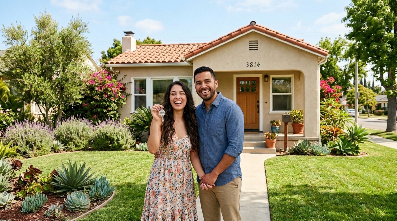 Happy first-time home buyers holding keys in front of their new El Monte home