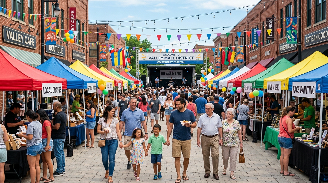 Lively community festival gathering in the Valley Mall District