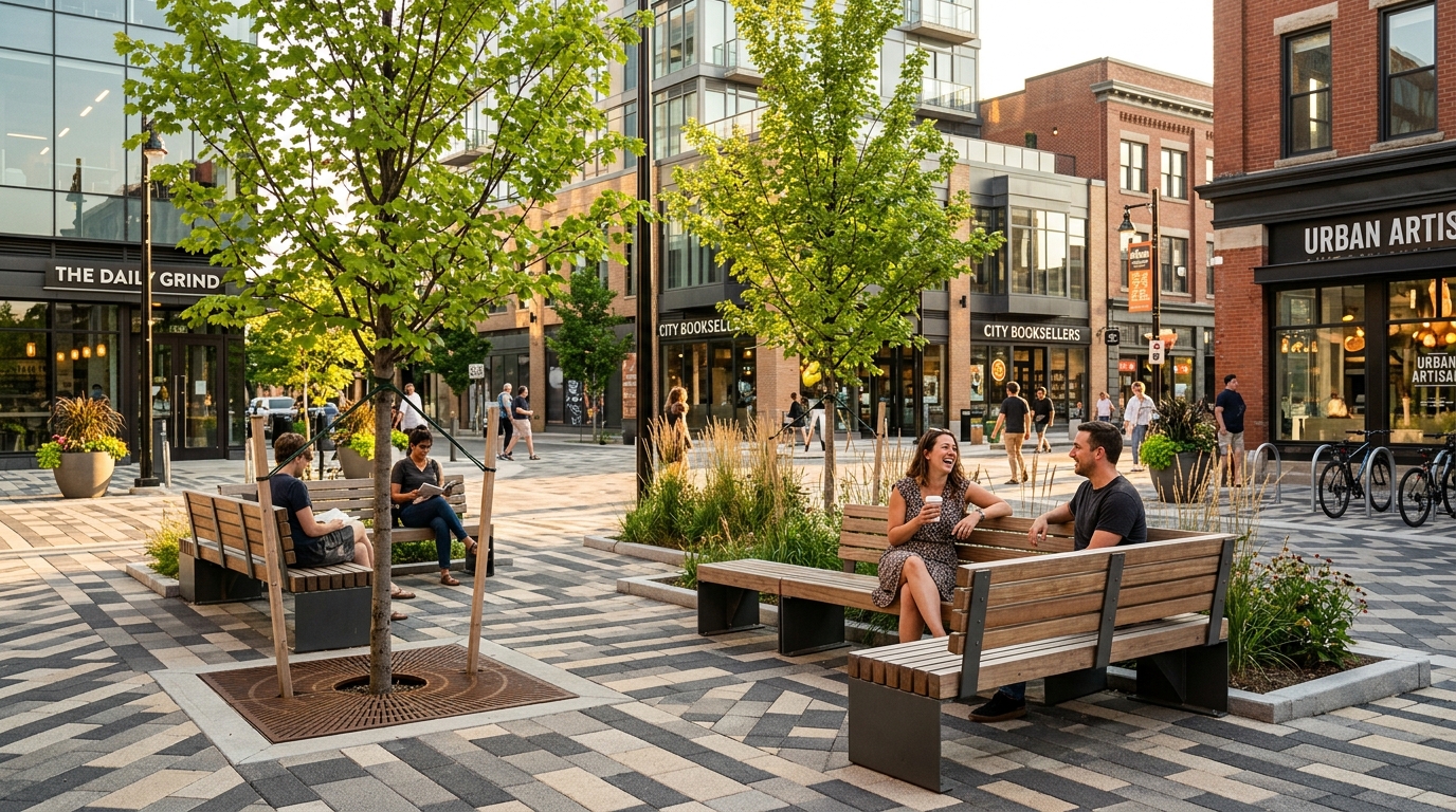 New pedestrian plaza with modern seating in downtown El Monte