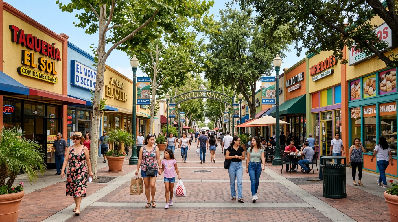 Pedestrians enjoying the vibrant Valley Mall District in El Monte