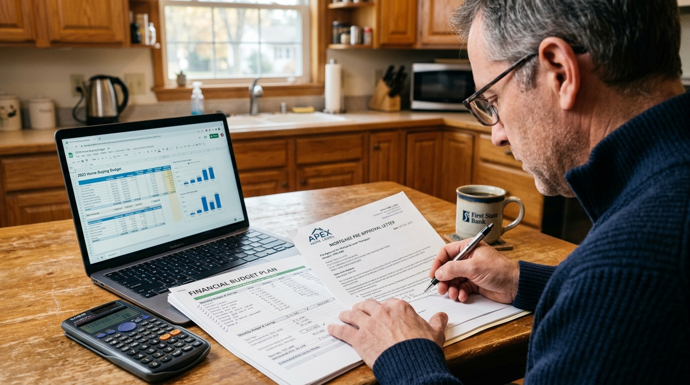 Reviewing financial documents and mortgage pre-approval for buying a home