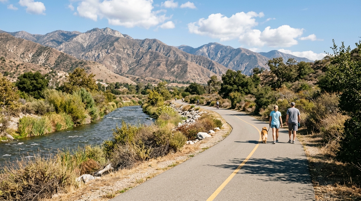 Scenic view of the San Gabriel River bike trail for weekend recreation