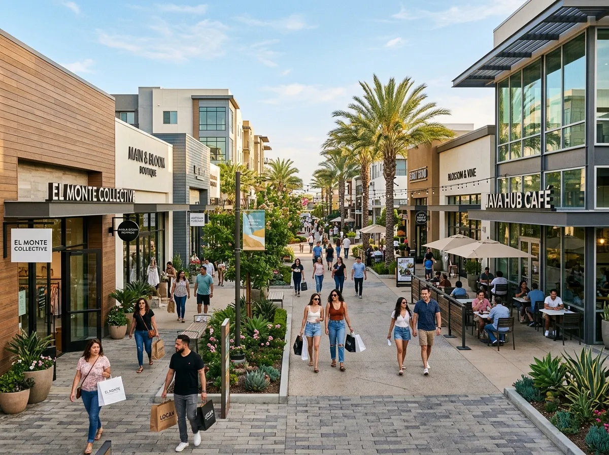 Shopping area in El Monte with local stores, cafés, and landscaped walkways