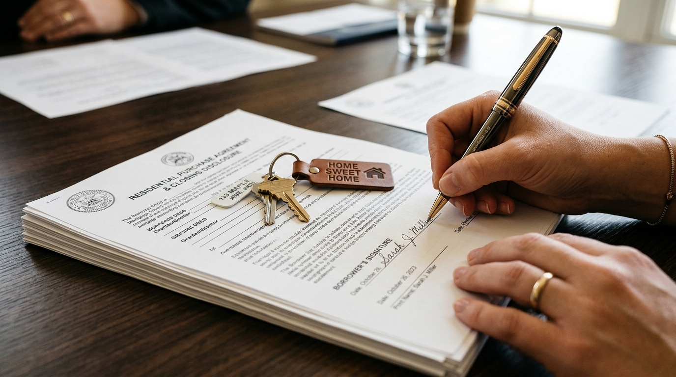 Signing the final closing documents to purchase a new home in El Monte