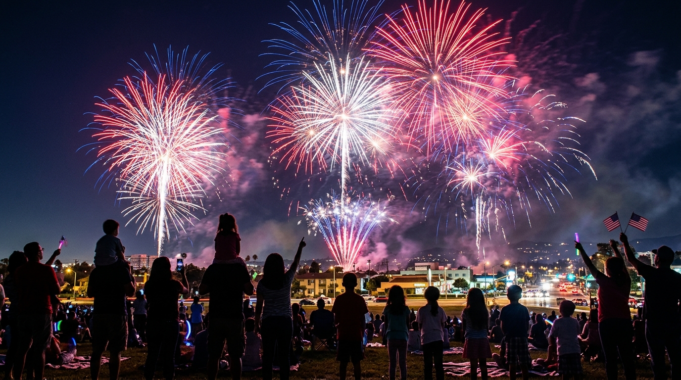 Spectacular 4th of July fireworks display lighting up the El Monte sky
