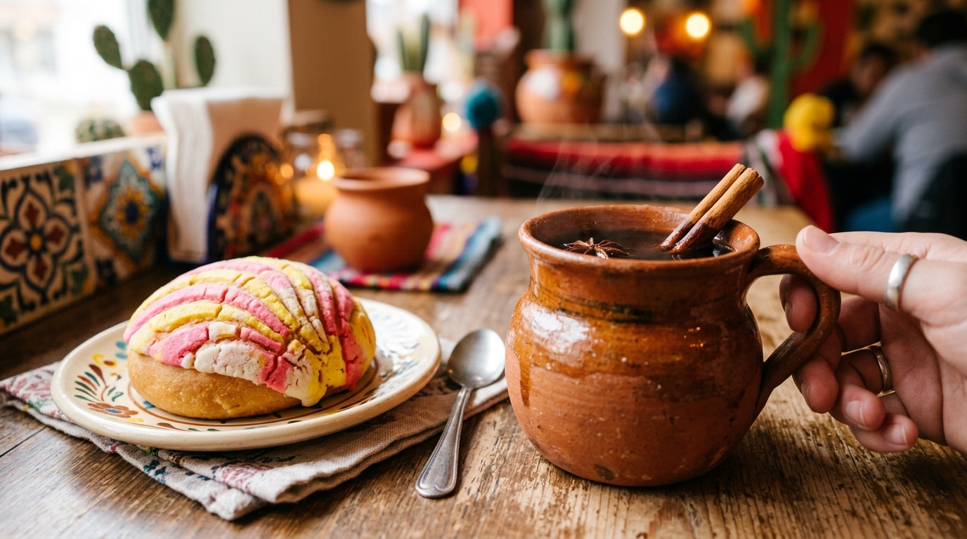 Traditional Cafe de Olla and a fresh concha pastry at an El Monte fusion cafe