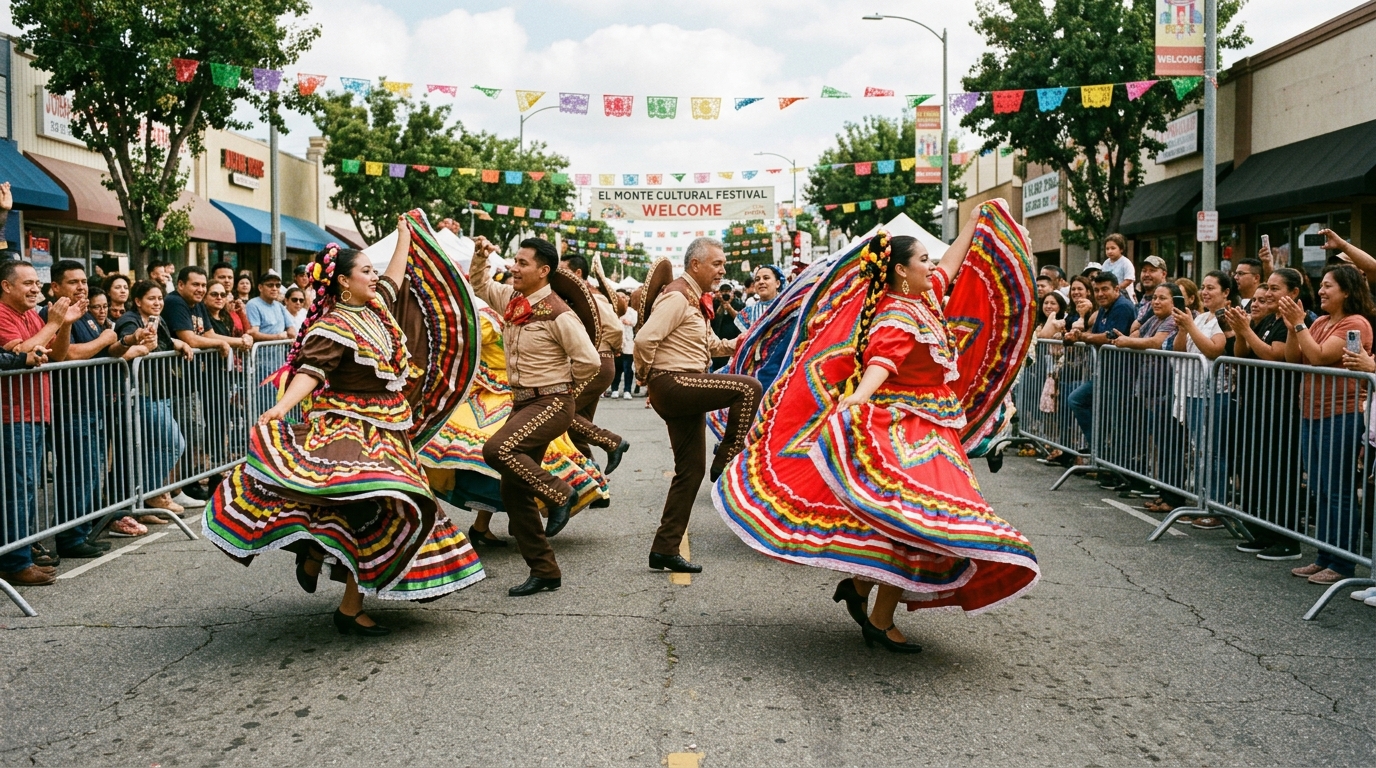 Traditional dancers performing at a cultural street fair in El Monte